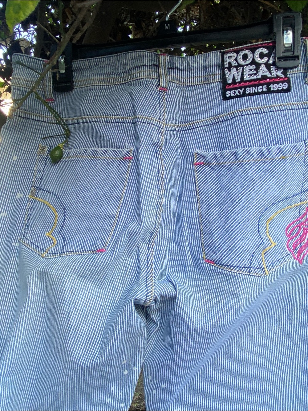 Rocawear Women's Blue Pinstripe High-Rise Jeans with Pink & Yellow Stitching